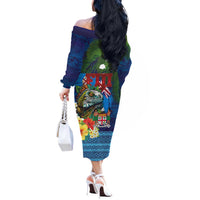 Fiji Iguana-Coat of Arms Off The Shoulder Long Sleeve Dress with Hibiscus and Plumeria Palm Tree Tapa Art LT03 - Polynesian Pride