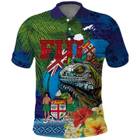Fiji Iguana-Coat of Arms Polo Shirt with Hibiscus and Plumeria Palm Tree Tapa Art LT03 Blue - Polynesian Pride