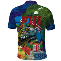 Fiji Iguana-Coat of Arms Polo Shirt with Hibiscus and Plumeria Palm Tree Tapa Art LT03 - Polynesian Pride