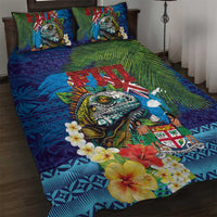 Fiji Iguana-Coat of Arms Quilt Bed Set with Hibiscus and Plumeria Palm Tree Tapa Art LT03 Blue - Polynesian Pride
