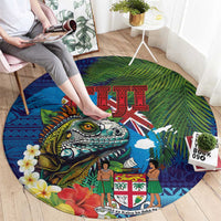 Fiji Iguana-Coat of Arms Round Carpet with Hibiscus and Plumeria Palm Tree Tapa Art LT03 - Polynesian Pride