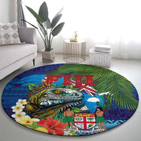 Fiji Iguana-Coat of Arms Round Carpet with Hibiscus and Plumeria Palm Tree Tapa Art LT03 - Polynesian Pride