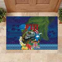 Fiji Iguana-Coat of Arms Rubber Doormat with Hibiscus and Plumeria Palm Tree Tapa Art LT03 Blue - Polynesian Pride