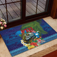 Fiji Iguana-Coat of Arms Rubber Doormat with Hibiscus and Plumeria Palm Tree Tapa Art LT03 - Polynesian Pride
