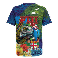 Fiji Iguana-Coat of Arms Rugby Jersey with Hibiscus and Plumeria Palm Tree Tapa Art LT03 - Polynesian Pride