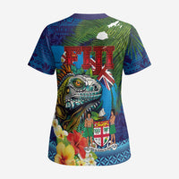 Fiji Iguana-Coat of Arms Scrub Top with Hibiscus and Plumeria Palm Tree Tapa Art LT03 - Polynesian Pride