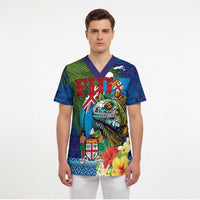 Fiji Iguana-Coat of Arms Scrub Top with Hibiscus and Plumeria Palm Tree Tapa Art LT03 - Polynesian Pride