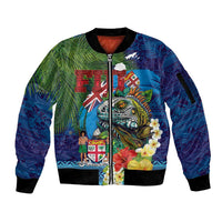 Fiji Iguana-Coat of Arms Sleeve Zip Bomber Jacket with Hibiscus and Plumeria Palm Tree Tapa Art LT03 Unisex Blue - Polynesian Pride