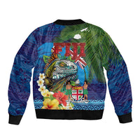 Fiji Iguana-Coat of Arms Sleeve Zip Bomber Jacket with Hibiscus and Plumeria Palm Tree Tapa Art LT03 - Polynesian Pride