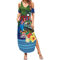 Fiji Iguana-Coat of Arms Summer Maxi Dress with Hibiscus and Plumeria Palm Tree Tapa Art LT03 Women Blue - Polynesian Pride