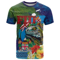 Fiji Iguana-Coat of Arms T Shirt with Hibiscus and Plumeria Palm Tree Tapa Art LT03 Blue - Polynesian Pride