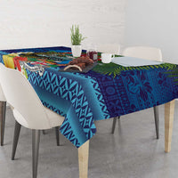 Fiji Iguana-Coat of Arms Tablecloth with Hibiscus and Plumeria Palm Tree Tapa Art