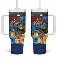 Fiji Iguana-Coat of Arms Tumbler With Handle with Hibiscus and Plumeria Palm Tree Tapa Art LT03 One Size: 40 oz Blue - Polynesian Pride