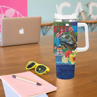 Fiji Iguana-Coat of Arms Tumbler With Handle with Hibiscus and Plumeria Palm Tree Tapa Art LT03 - Polynesian Pride