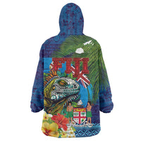 Fiji Iguana-Coat of Arms Wearable Blanket Hoodie with Hibiscus and Plumeria Palm Tree Tapa Art LT03 - Polynesian Pride