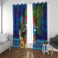 Fiji Iguana-Coat of Arms Window Curtain with Hibiscus and Plumeria Palm Tree Tapa Art LT03 With Grommets Blue - Polynesian Pride