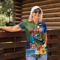 Fiji Iguana-Coat of Arms Women Polo Shirt with Hibiscus and Plumeria Palm Tree Tapa Art LT03 - Polynesian Pride