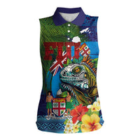 Fiji Iguana-Coat of Arms Women Sleeveless Polo Shirt with Hibiscus and Plumeria Palm Tree Tapa Art LT03 Female Blue - Polynesian Pride