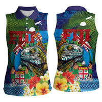 Fiji Iguana-Coat of Arms Women Sleeveless Polo Shirt with Hibiscus and Plumeria Palm Tree Tapa Art LT03 - Polynesian Pride