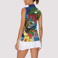 Fiji Iguana-Coat of Arms Women Sleeveless Polo Shirt with Hibiscus and Plumeria Palm Tree Tapa Art LT03 - Polynesian Pride