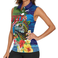Fiji Iguana-Coat of Arms Women Sleeveless Polo Shirt with Hibiscus and Plumeria Palm Tree Tapa Art LT03 - Polynesian Pride