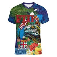 Fiji Iguana-Coat of Arms Women V-Neck T-Shirt with Hibiscus and Plumeria Palm Tree Tapa Art LT03 Female Blue - Polynesian Pride
