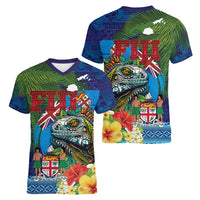 Fiji Iguana-Coat of Arms Women V-Neck T-Shirt with Hibiscus and Plumeria Palm Tree Tapa Art LT03 - Polynesian Pride