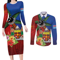 Personalised Fiji and Rotuma Together Couples Matching Long Sleeve Bodycon Dress and Long Sleeve Button Shirt Fjian Masi and Pacific Pattern Mix Culture LT03 Red - Polynesian Pride