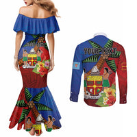 Personalised Fiji and Rotuma Together Couples Matching Mermaid Dress and Long Sleeve Button Shirt Fjian Masi and Pacific Pattern Mix Culture LT03 - Polynesian Pride