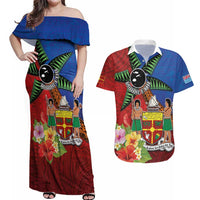 Personalised Fiji and Rotuma Together Couples Matching Off Shoulder Maxi Dress and Hawaiian Shirt Fjian Masi and Pacific Pattern Mix Culture LT03 Red - Polynesian Pride