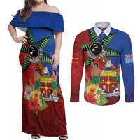 Personalised Fiji and Rotuma Together Couples Matching Off Shoulder Maxi Dress and Long Sleeve Button Shirt Fjian Masi and Pacific Pattern Mix Culture LT03 Red - Polynesian Pride