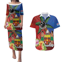 Personalised Fiji and Rotuma Together Couples Matching Puletasi and Hawaiian Shirt Fjian Masi and Pacific Pattern Mix Culture LT03 Red - Polynesian Pride