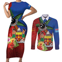 Personalised Fiji and Rotuma Together Couples Matching Short Sleeve Bodycon Dress and Long Sleeve Button Shirt Fjian Masi and Pacific Pattern Mix Culture LT03 Red - Polynesian Pride