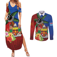 Personalised Fiji and Rotuma Together Couples Matching Summer Maxi Dress and Long Sleeve Button Shirt Fjian Masi and Pacific Pattern Mix Culture LT03 Red - Polynesian Pride