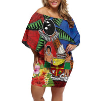 Personalised Fiji and Rotuma Together Family Matching Off Shoulder Short Dress and Hawaiian Shirt Fjian Masi and Pacific Pattern Mix Culture LT03 Mom's Dress Red - Polynesian Pride