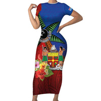 Personalised Fiji and Rotuma Together Family Matching Short Sleeve Bodycon Dress and Hawaiian Shirt Fjian Masi and Pacific Pattern Mix Culture LT03 Mom's Dress Red - Polynesian Pride