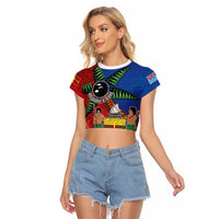 Personalised Fiji and Rotuma Together Raglan Cropped T Shirt Fjian Masi and Pacific Pattern Mix Culture LT03 Female Red - Polynesian Pride