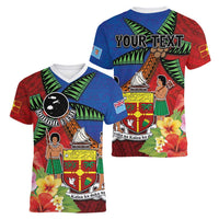 Personalised Fiji and Rotuma Together Women V-Neck T-Shirt Fjian Masi and Pacific Pattern Mix Culture LT03 - Polynesian Pride