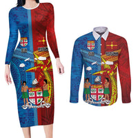 Personalised Fiji and Rotuma Together Couples Matching Long Sleeve Bodycon Dress and Long Sleeve Button Shirt Tapa and Pacific Art Pattern with Cultural Emblems Half Style LT03 Red - Polynesian Pride