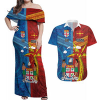 Personalised Fiji and Rotuma Together Couples Matching Off Shoulder Maxi Dress and Hawaiian Shirt Tapa and Pacific Art Pattern with Cultural Emblems Half Style LT03 Red - Polynesian Pride