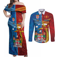 Personalised Fiji and Rotuma Together Couples Matching Off Shoulder Maxi Dress and Long Sleeve Button Shirt Tapa and Pacific Art Pattern with Cultural Emblems Half Style LT03 Red - Polynesian Pride