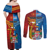 Personalised Fiji and Rotuma Together Couples Matching Off Shoulder Maxi Dress and Long Sleeve Button Shirt Tapa and Pacific Art Pattern with Cultural Emblems Half Style LT03 - Polynesian Pride