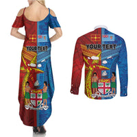 Personalised Fiji and Rotuma Together Couples Matching Summer Maxi Dress and Long Sleeve Button Shirt Tapa and Pacific Art Pattern with Cultural Emblems Half Style LT03 - Polynesian Pride