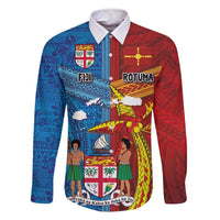 Personalised Fiji and Rotuma Together Family Matching Off The Shoulder Long Sleeve Dress and Hawaiian Shirt Tapa and Pacific Art Pattern with Cultural Emblems Half Style LT03 Dad's Shirt - Long Sleeve Red - Polynesian Pride