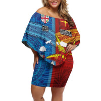 Personalised Fiji and Rotuma Together Family Matching Off Shoulder Short Dress and Hawaiian Shirt Tapa and Pacific Art Pattern with Cultural Emblems Half Style LT03 Mom's Dress Red - Polynesian Pride
