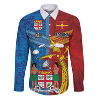 Personalised Fiji and Rotuma Together Family Matching Tank Maxi Dress and Hawaiian Shirt Tapa and Pacific Art Pattern with Cultural Emblems Half Style LT03 Dad's Shirt - Long Sleeve Red - Polynesian Pride