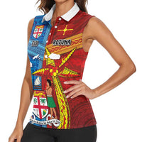 Personalised Fiji and Rotuma Together Women Sleeveless Polo Shirt Tapa and Pacific Art Pattern with Cultural Emblems Half Style LT03 - Polynesian Pride