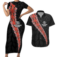 Custom New Zealand Rugby Couples Matching Short Sleeve Bodycon Dress and Hawaiian Shirt Maori and Silver Fern Half Style LT03 Black - Polynesian Pride