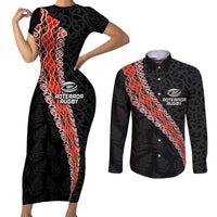 Custom New Zealand Rugby Couples Matching Short Sleeve Bodycon Dress and Long Sleeve Button Shirt Maori and Silver Fern Half Style LT03 Black - Polynesian Pride
