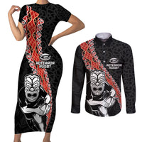 New Zealand Maori Warrior Rugby Couples Matching Short Sleeve Bodycon Dress and Long Sleeve Button Shirt Maori and Silver Fern Half Style LT03 Black - Polynesian Pride